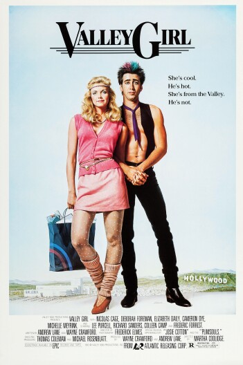 Two people stand in front of a white backdrop with the words Valley Girl above their heads. On the left is a woman with a light skin tone with blonde hair and a pink outfit. On the right is a man with a light skin tone wearing a black open vest, no shirt and a loose tie. He has pink and blue spikey hair. On the right, it says "She's cool. He's hot. She's from the Valley. He's not."