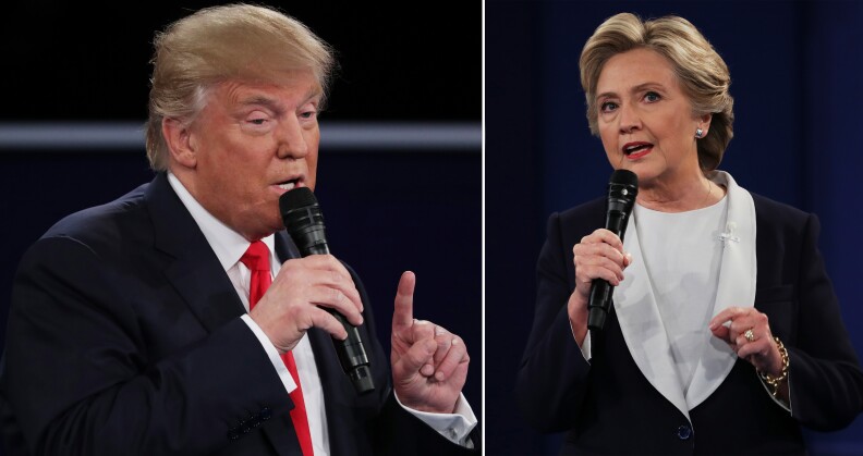 In this composite image, Republican presidential nominee Donald Trump (L) and Democratic presidential nominee Hillary Clinton respond to questions during the town hall debate at Washington University on Sunday, Oct. 9, 2016 in St. Louis, Missouri.