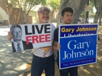 Supporters of the Libertarian presidential nominee Gary Johnson gather in Pasadena at the second annual Politicon event. Johnson was one of the conference's headliners. 