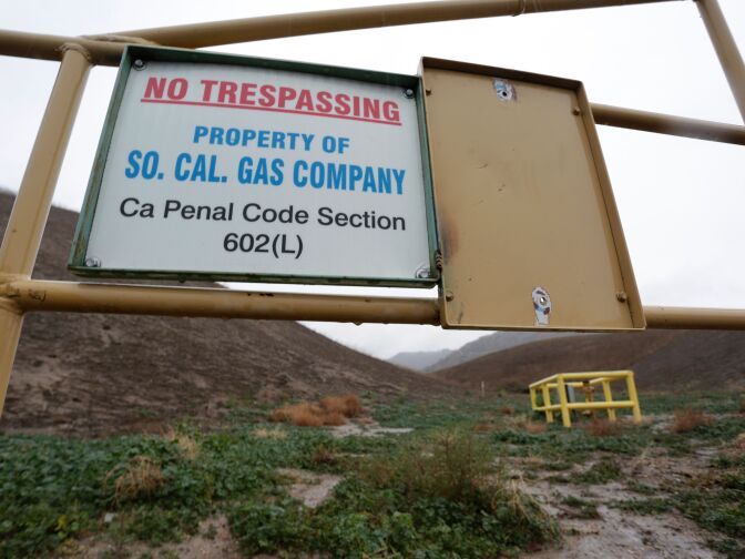 A sign marking the boundary of the Aliso Canyon storage facility is pictured in Porter Ranch, California, January 6, 2016.  California Governor Jerry Brown on January 6, 2016 declared a state of emergency in the Porter Ranch area due to the continuing leak of natural gas from the Aliso Canyon storage facility operated by the Southern California Gas Co.   AFP PHOTO / JONATHAN ALCORN / AFP / JONATHAN ALCORN        (Photo credit should read JONATHAN ALCORN/AFP/Getty Images)