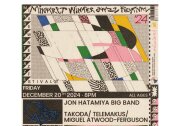 A flyer with abstract shapes and patterns colored with muted tones of pink, green, yellow and blue. It's advertising a jazz concert happening Friday, December 20.