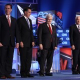 CHARLESTON, SC - JANUARY 19:  Republican presidential candidates (L-R) former U.S. Sen. Rick Santorum, former Massachusetts Gov. Mitt Romney, former Speaker of the House Newt Gingrich, and U.S. Rep. Ron Paul (R-TX) arrive on stage before a debate at the North Charleston Coliseum January 19, 2012 in Charleston, South Carolina. The debate, hosted by CNN and the Southern Republican Leadership Conference, is the final debate before South Carolina voters head to the polls for their primary January 21.  (Photo by Win McNamee/Getty Images)