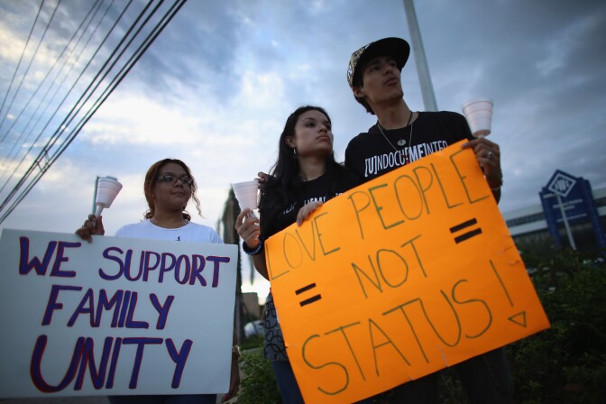 Ashley Amador (L) ., Daysis Moraga and Federico Paseiro join together in front of the office of Sen. Maro Rubio (R-FL) to keep pressure on him and the others working on immigration reform on June 13, 2013 in Doral, Florida. The group of protesters included DREAMer moms (mothers of undocumented immigrant youth). 