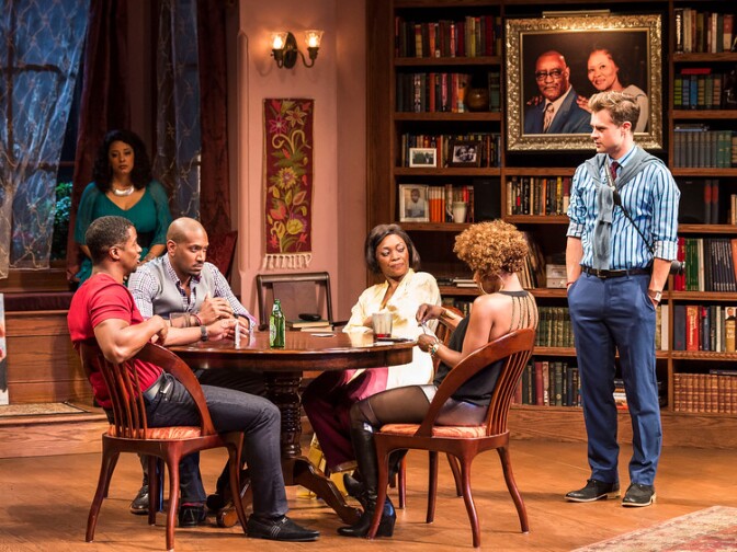 L-R: Kamal Angelo Bolden, Cynda Williams (background), Bryan Terrell Clark, Shanésia Davis, J. Nicole Brooks and Mark Jude Sullivan in Paul Oakley Stovall’s “Immediate Family,” directed by Phylicia Rashad, playing April 22 through June 7, 2015, at the CTG/Mark Taper Forum.