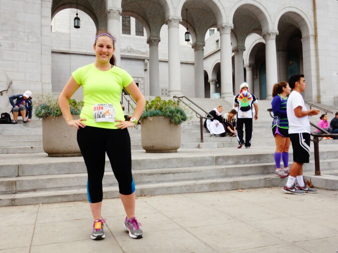 Downtown L.A. resident Jennifer Westhoff at City Hall moments before running the 5K distance of the Turkey Trot LA race, Nov. 28, 2013.