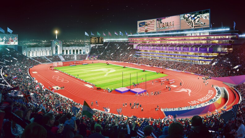 An artist rendering of L.A. track and field venue at the Los Angeles Memorial Coliseum for the 2024 or 2028 Olympics. 