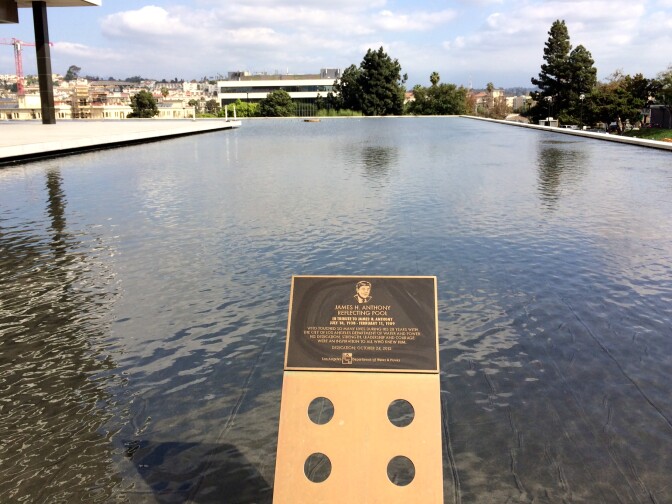 File: The Reflecting Pool surrounds the Los Angeles Department of Water and Power's headquarters in downtown Los Angeles.