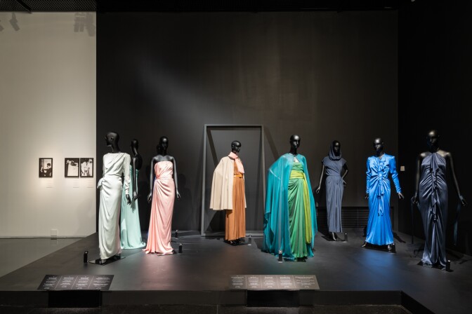 Yves Saint Laurent displayed on black mannequins in a black and white room. 