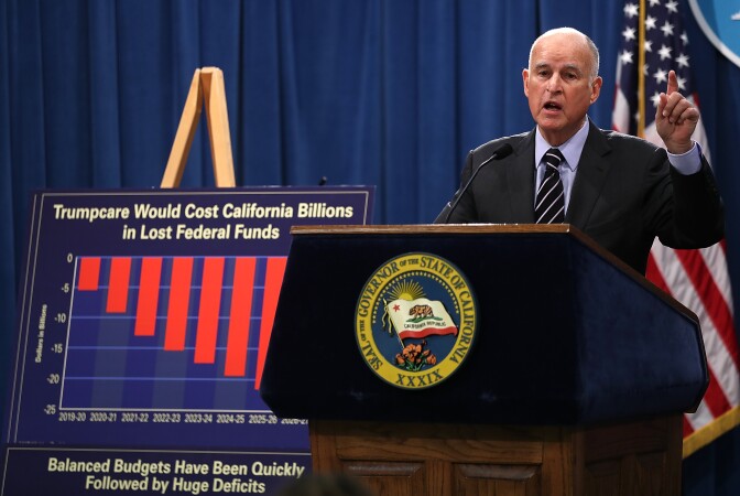 File: California Gov. Jerry Brown speaks to reporters during a news conference where he revealed his revised California State budget on May 11, 2017 in Sacramento, California. 