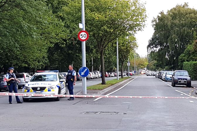 Police corden off the areas close to the mosque after a gunman filmed himself firing at worshippers inside in Christchurch on March 15, 2019. - A gunman opened fire inside the Masjid al Noor mosque during afternoon prayers, causing multiple fatalities. (Photo by Flynn FOLEY / AFP)        (Photo credit should read FLYNN FOLEY/AFP/Getty Images)