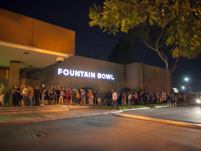 Lebowski Fest-goers wait in line before doors opened on Saturday, Mar. 14, 2015. Many waited for three hours in front of the Fountain Bowl in Fountain Valley, Calif.