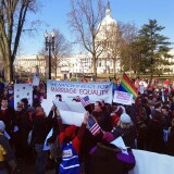 Supporters and opponents of same sex marriage gather in front of the U.S. Supreme Court on Tuesday, March 26 before oral arguments on the legality of California's Prop 8.