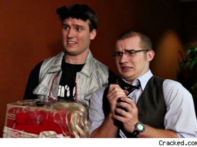 Columnists Michael Swaim (L) and Daniel O'Brien (R) during an episode of Agents of Cracked.