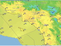 A satellite map shows daytime highs in the greater Los Angeles Area