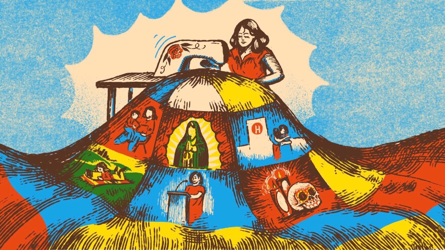 Illustration of a woman sitting in front of a sewing machine working a quilt that flows down from table to the ground and takes over the lower part of the rectangular frame. The illustration has red, blue, green, and yellow patches with the Virgen de Guadalupe, a woman at podium, a Dia de Muertos calavera, two women embracing in front of a hospital, a woman holding a little boy in her lap, and a woman laying on a grassy patch reading. The background behind the woman sewing the quilt is a light blue.