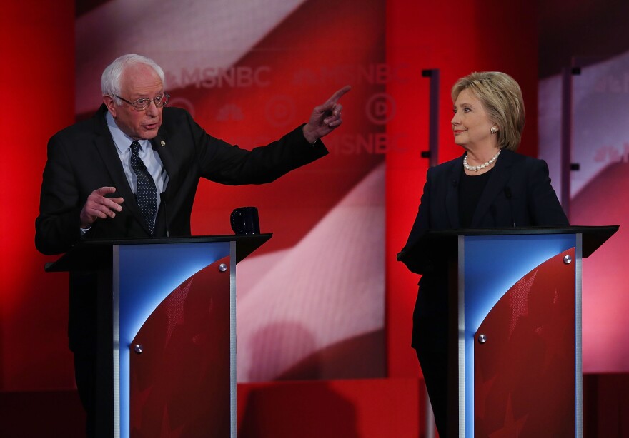 Democratic presidential candidates former Secretary of State Hillary Clinton and U.S. Sen. Bernie Sanders (I-VT) during their MSNBC Democratic Candidates Debate. 