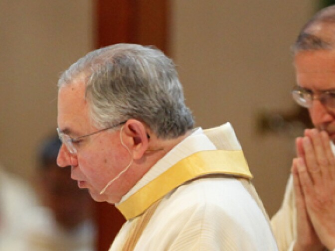 Archbishop Jose H. Gomez, center, with Cardinal Roger Mahony, right during a welcoming Mass marking the start of Gomez's ministry at the Cathedral of Our Lady of the Angels in downtown Los Angeles Wednesday, May 26, 2010. The Mexican-born Gomez was previously archbishop of San Antonio, and an auxiliary bishop in Denver. Gomez will become the first Hispanic archbishop of the nation's most populous archdiocese when Cardinal Roger Mahony retires at age 75 in February, 2011.