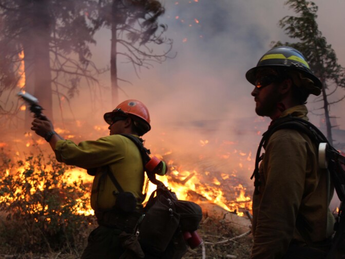 In this photo provided by the U.S. Forest Service, fire crew members stand watch near a controlled burn operation as they release a very pistol, as they fight the Rim Fire near Yosemite National Park in California, Monday, Sept. 2, 2013.