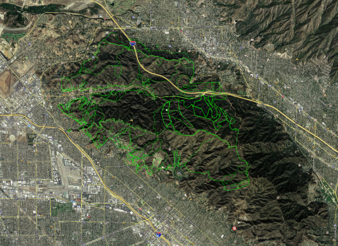 The green lines outline past fires in the Verdugo Mountains from 1937 to the present.