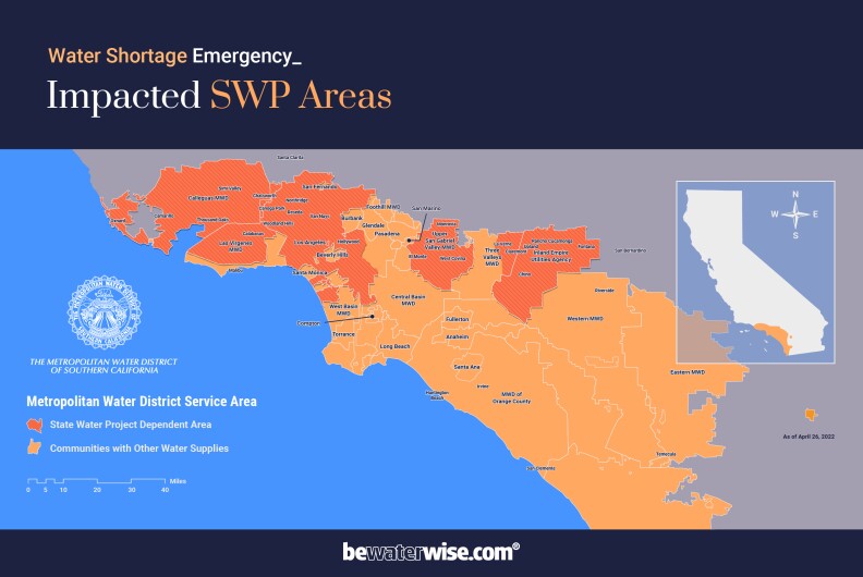 A map of gradient orange areas in LA County served by the Metropolitan Water District of Southern California.