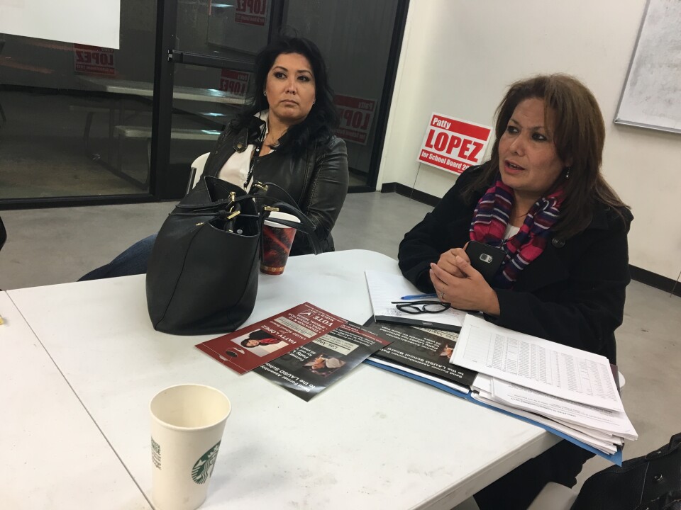 L.A. school board candidate Patty Lopez, right, speaks during a meeting of her supporters on Sunday, March 5.