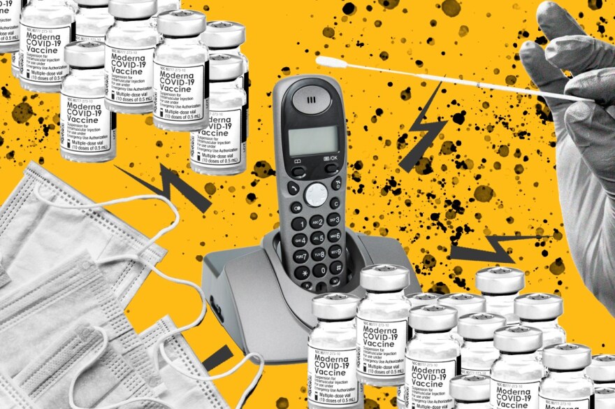 A photo illustration on a mustard background shows Moderna COCID-19 vaccine vials, a telephone, a gloved hand holding a swab and white paper masks.