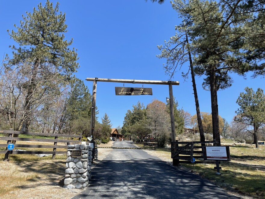 The entrance to Living Free no-kill animal shelter in Mountain Center, CA. A wooden sign reads 'Living Free." There are several large trees in the foreground and background. A pathway leads through the front gate.