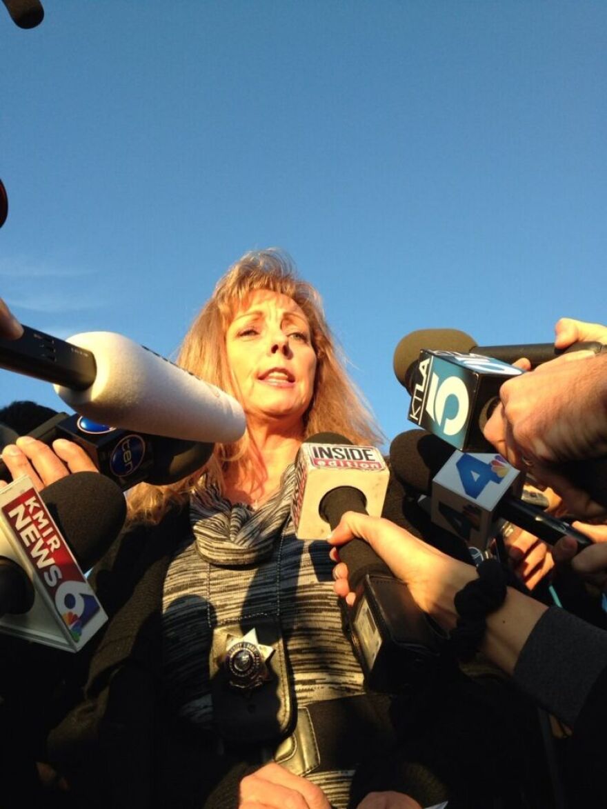 San Bernardino Sheriff's spokesperson Cindy Bachman briefs reporters on the ongoing standoff with fugitive Christopher Dorner.