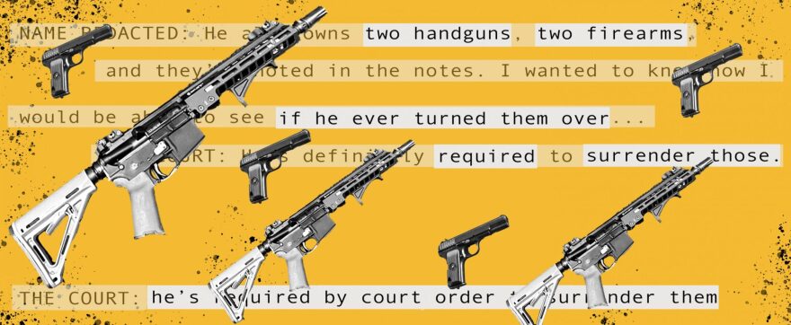A photo illustration has text on a mustard background with various photos of weapons interspersed. The words are taken from court filings.