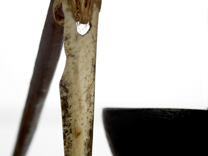 Detail of tattooing kit. Rennell Island, Soloman Islands, early 20th century. Coconut palm tree nuts, plant fiber, wood, bone. Gift of Etienne de Ganay, Monique de Ganay, Régine de Ganay-Van den Broek d’Obrenan, Charles Van den Broek d’Obrenan from the collection of musée du quai Branly.