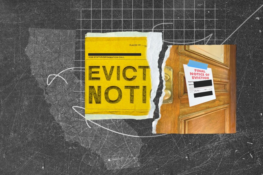 An illustration shows what looks like a well-worn gray chalkboard with the faint outline of the state of California and a grid of lines superimposed with tear-outs of eviction notices in color.