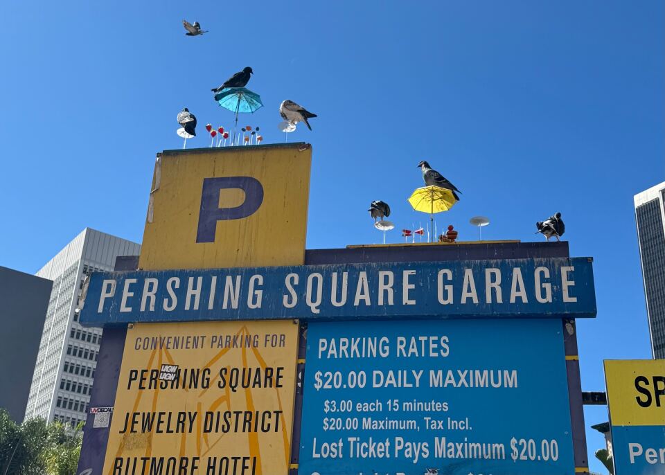 The Pershing Square Garage sign housing 'Spike Cafe' is seen from the side facing the street. A blue and a yellow umbrella can be seen on the sign. Fake fruit and sandwiches sit on top of fake spikes. Six pigeons occupy the cafe.