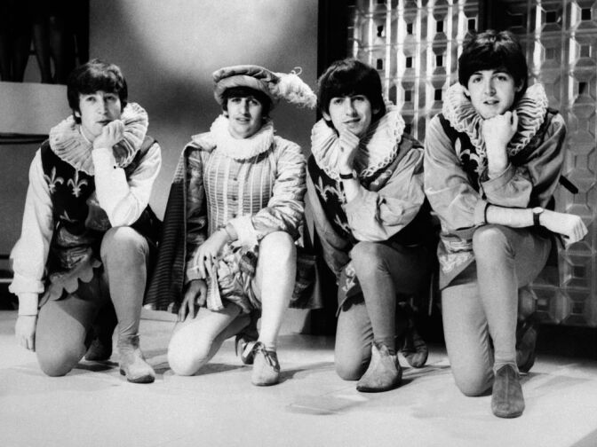 The Beatles (from L), John Lennon, Ringo Starr, George Harrison, and Paul McCartney pose during a rehearsal of William Shakespeare's A Midsummer night's dream on April 29, 1964, in London. The film, A Hard Day's Night, will be released in select theaters and be available on blu-ray in honor of its 50th anniversary. 