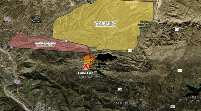 A map with blocks of color signifying evacuation areas for a fire.