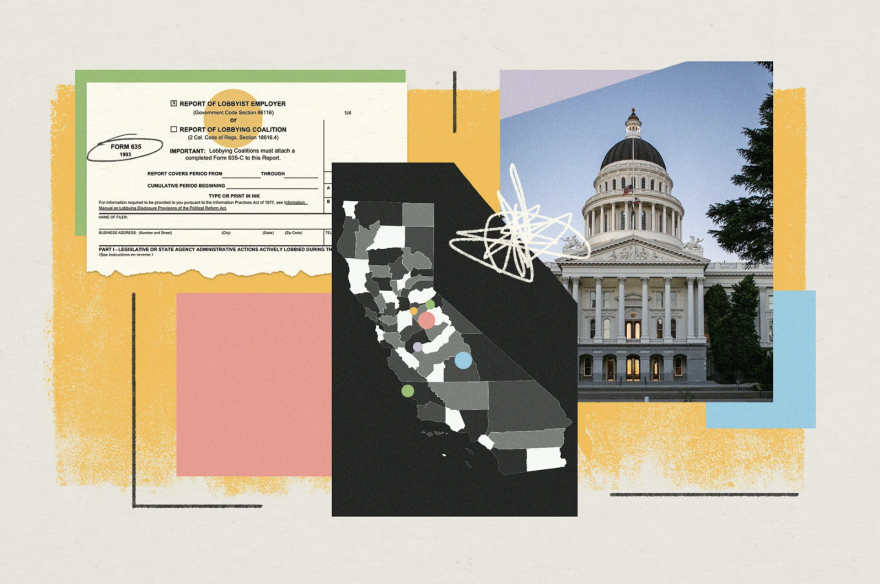 This illustration shows a collection of images: State paperwork, an graphical represetation of the state of California itself, and the state capitol building.