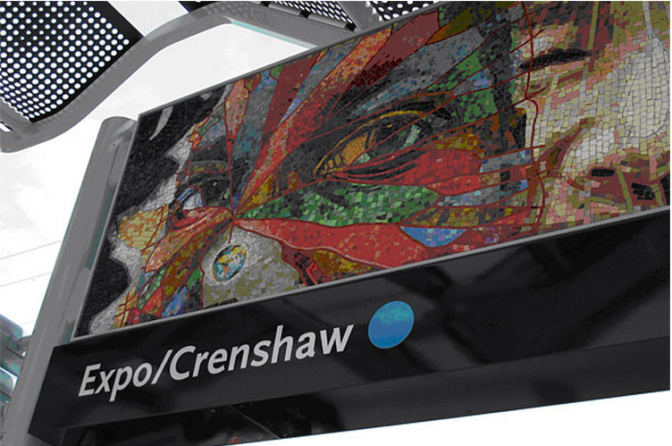 "Wanderers" by artist Willie Robert Middlebrook is on display at Expo/Crenshaw Station. The Expo Line is set to open April 28, 2012.