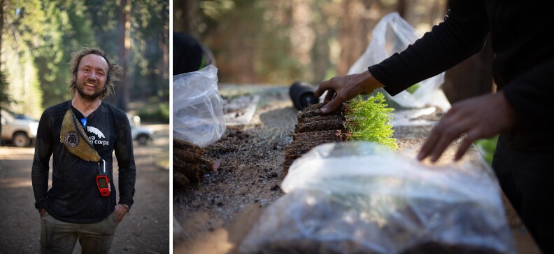 Two images, side by side. At left, a man wearing a dark shirt, pants and some outdoors gear smiles at the camera. At right, a pair of hands tend to seedling laid out on a table.