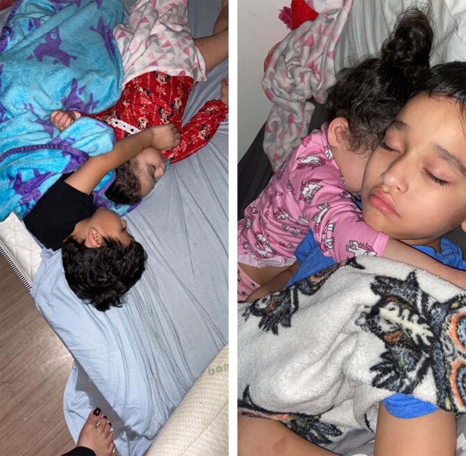 Images of Aurora's young kids sleeping next to each other on a bed.