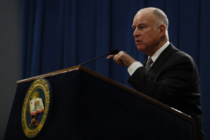 SACRAMENTO, CA - MARCH 07: California Governor Jerry Brown speaks during a press conference at the California State Capitol on March 7, 2018 in Sacramento, California. The press conference in response to an earlier speech by U.S. Attorney General Jeff Sessions at a nearby hotel and the Justice Department's decision to sue the State of California over its controversial sanctuary policies for undocumented immigrants. (Photo by Stephen Lam/Getty Images)