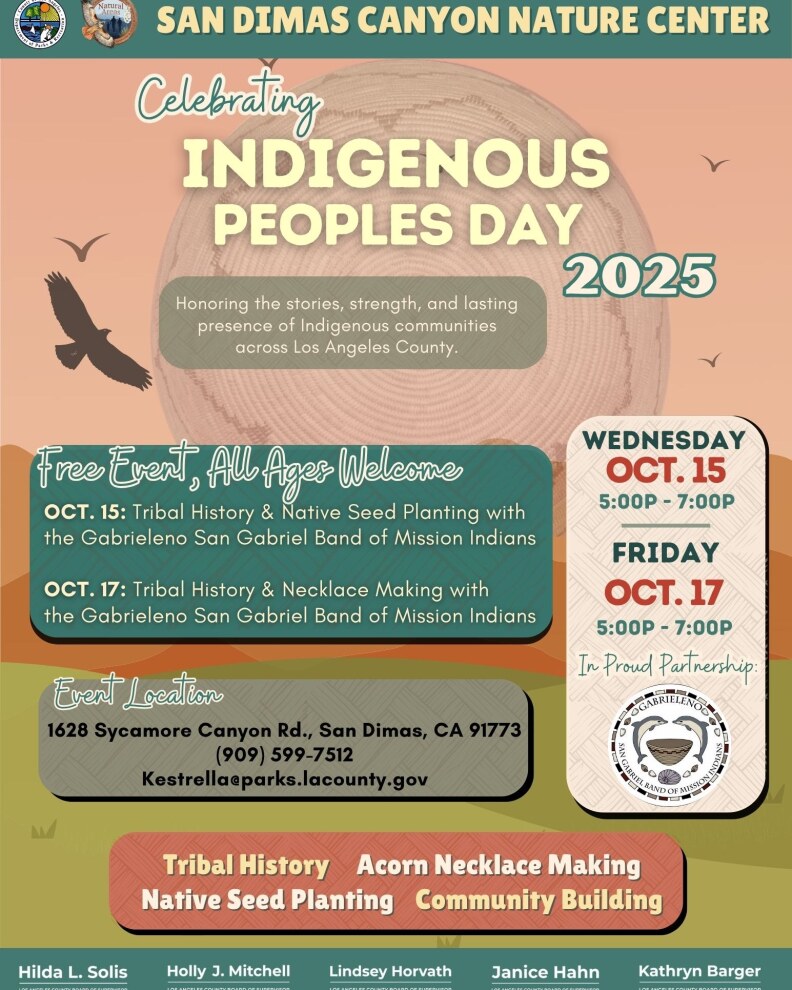 A digital poster for two free events that are part of LA County's Celebrating Indigenous Peoples Day 2025 events.