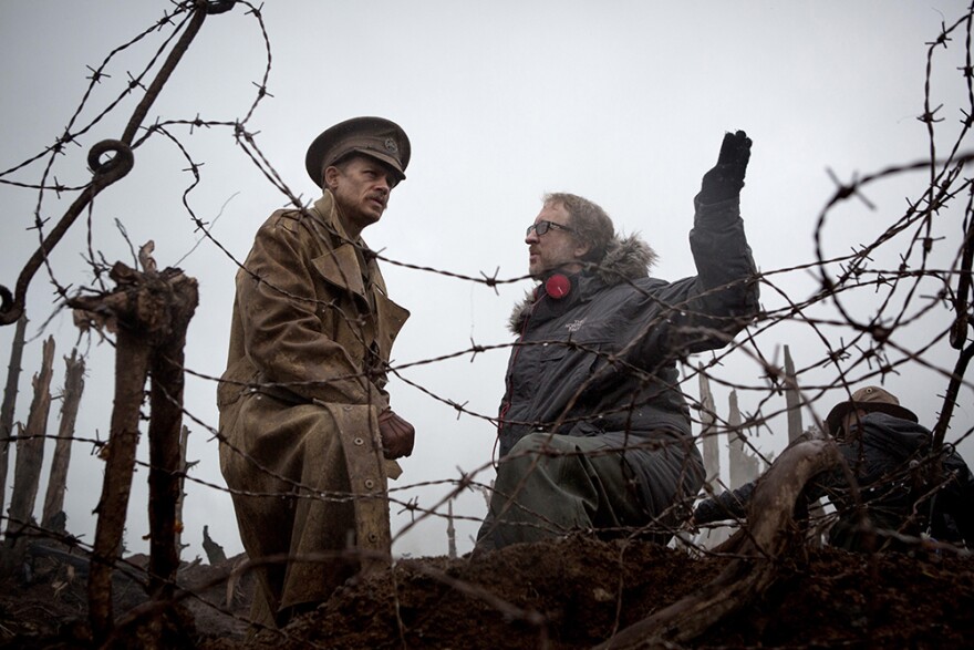 Director James Gray talks to Charlie Hunnum on set of "The Lost City of Z."