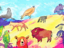 Colorful illustration shows a selection of SoCal wildlife including a cougar, raccoon, coyote, parrot, seal, dolphin, peacock and bison.