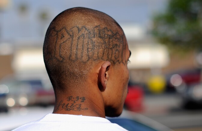 LOS ANGELES, CA - APRIL 29:  Tattoos are seen on the head of a twenty-year old "Street Villains" gang member who was arrested by Los Angeles Police Department officers from the 77th Street division on April 29, 2012 in Los Angeles, California. The 77th Street division patrol the same neighborhood that truck driver Reginald Denny was nearly beaten to death by a group of black assailants at the intersection of Florence and Normandie Avenues. It’s been 20 years since the verdict was handed down in the Rodney King case that sparked infamous Los Angeles riots.  (Photo by Kevork Djansezian/Getty Images)