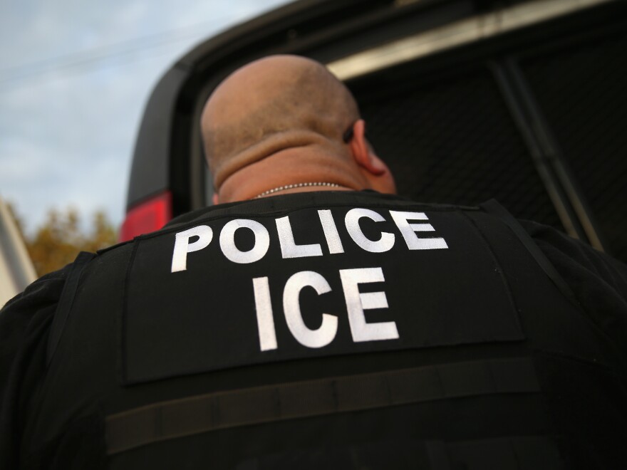 A bald headed man wearing a T-shirt that reads "police ice" is pictured from behind.