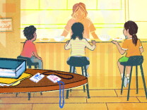 An illustration of a mother serving her three children food across a kitchen bar counter. The three children with dark hair sit on stools. Books and badges sit on a table in the foreground. 