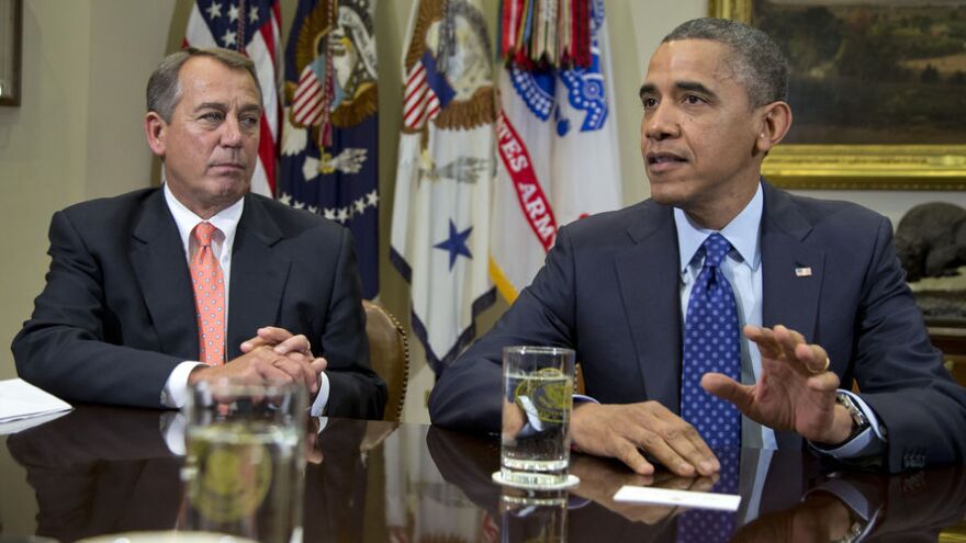 President Obama, accompanied by House Speaker John Boehner of Ohio, speaks to reporters at the White House on Friday during a meeting to discuss the fiscal cliff.