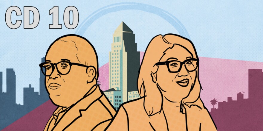 An illustration shows Mark Ridley-Thomas (left) and Grace Yoo (right) with L.A. City Hall in the background.