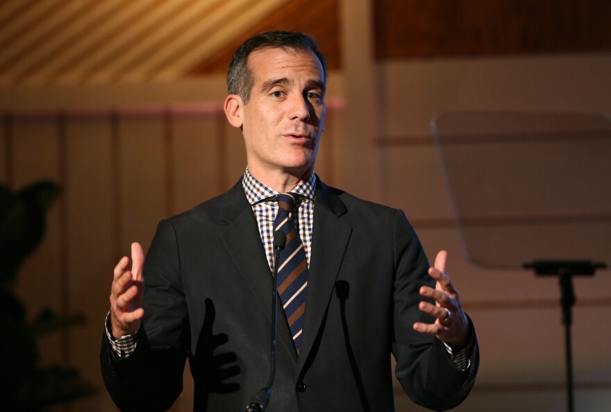 BEVERLY HILLS, CA - MARCH 23:  Mayor Eric Garcetti speaks onstage during the EMA IMPACT Summit hosted by the Environmental Media Association presented by Toyota Mirai and Calvert Research and Management at Montage Beverly Hills on March 23, 2017 in Beverly Hills, California.  (Photo by Rich Polk/Getty Images for Environmental Media Association)