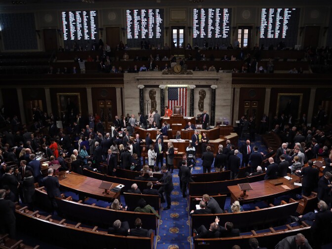 WASHINGTON, DC - OCTOBER 31:  The U.S. House of Representatives votes on a resolution formalizing the impeachment inquiry centered on U.S. President Donald Trump October 31, 2019 in Washington, DC. The resolution, which passed by a 232-196 margin, creates the legal framework for public hearings, procedures for the White House to respond to evidence and the process for consideration of future articles of impeachment by the full House of Representatives. (Photo by Win McNamee/Getty Images)