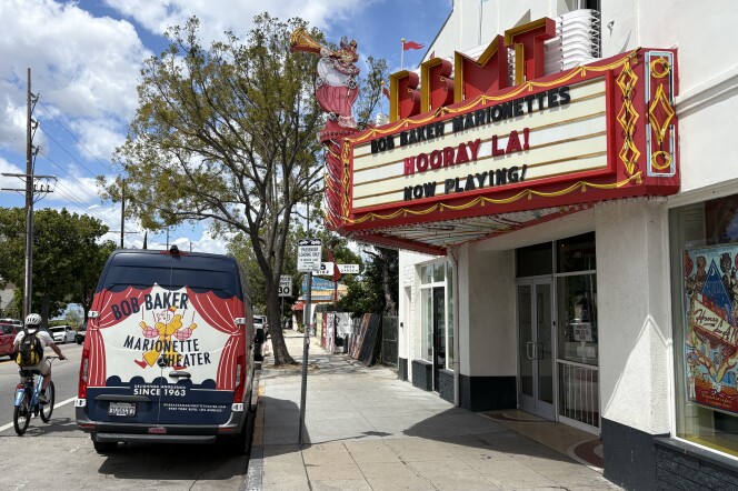 A marquee hangs above a puppet theater in L.A.'s Highland Park neighborhood. 